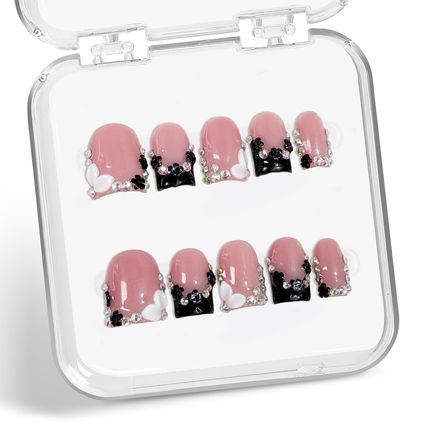 Black French Tip press-on nails with 3D flowers and rhinestones for elegant everyday wear.