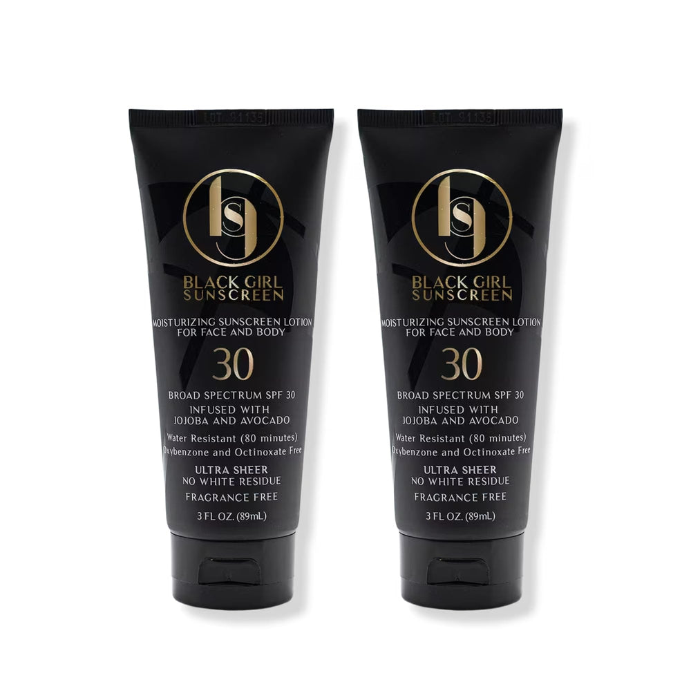 Black Girl Sunscreen bottle shows a clear finish and moisturizing SPF 30 for melanin-rich skin.