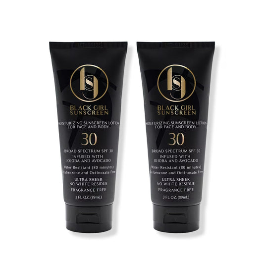 Black Girl Sunscreen bottle shows a clear finish and moisturizing SPF 30 for melanin-rich skin.
