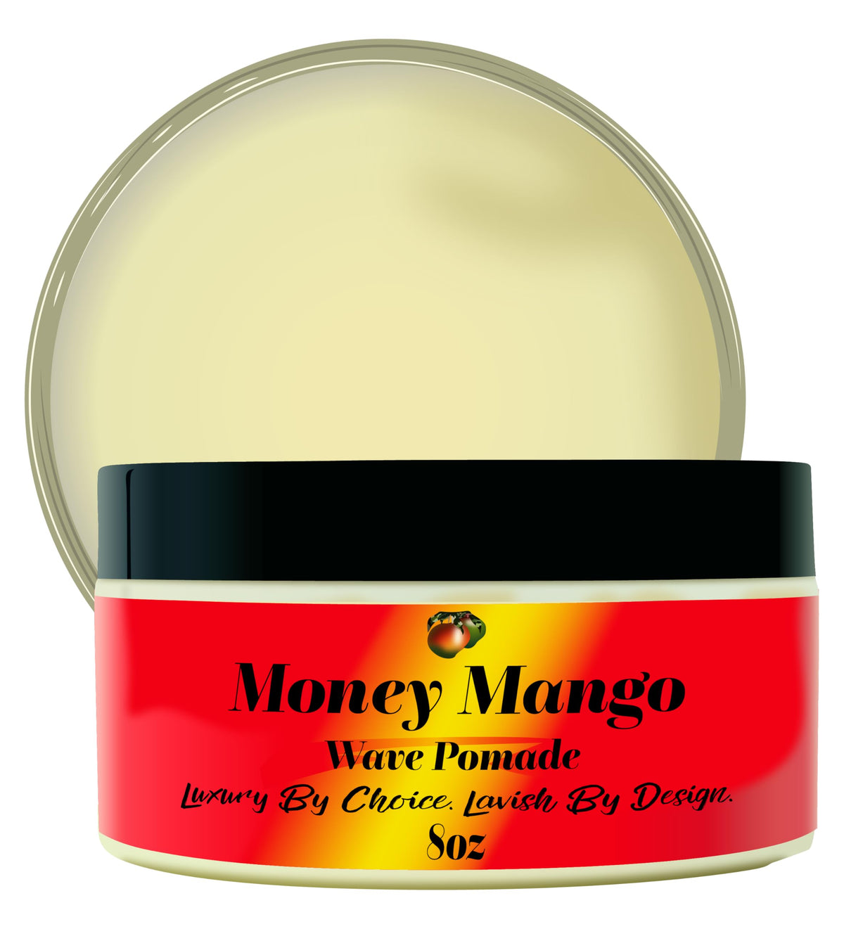 Black Lavish Essentials Money Mango Pomade jar showcasing deep waves and shine