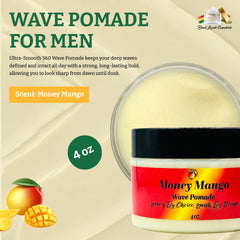 Close-up of Money Mango Pomade lid on premium packaging