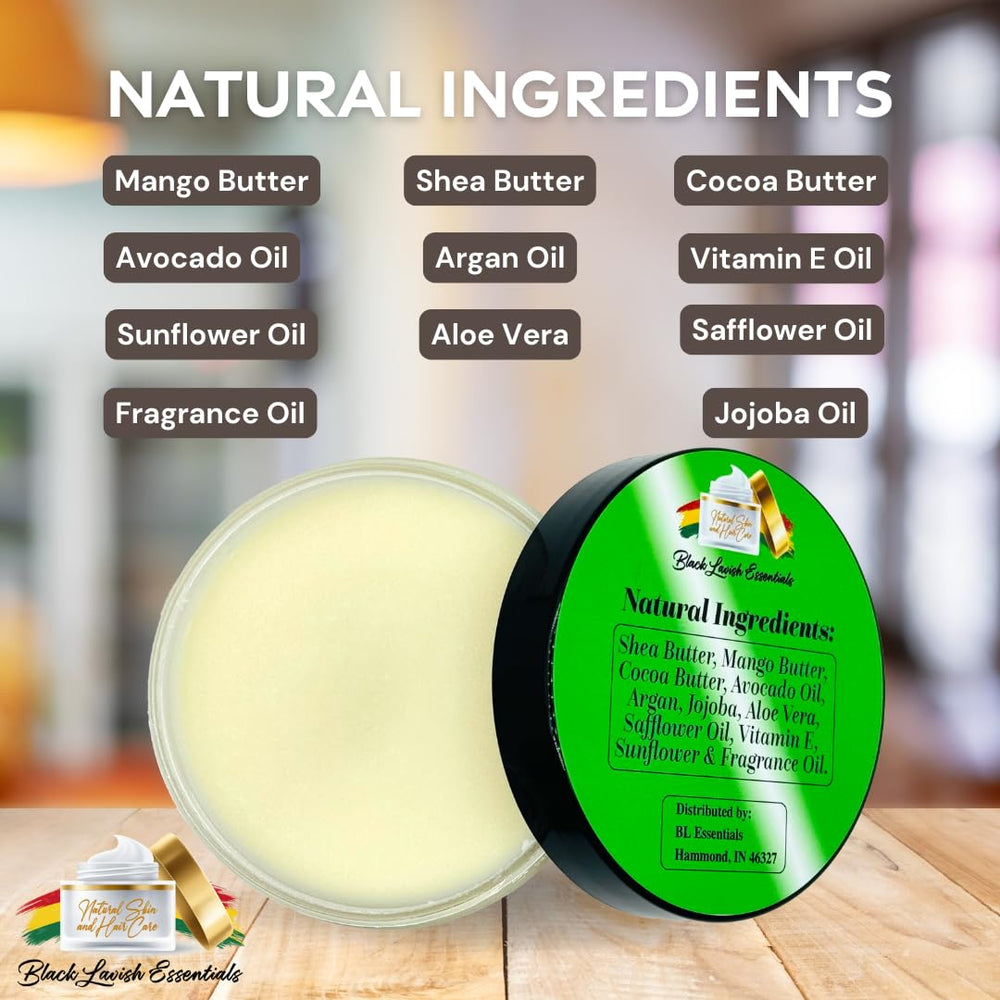 Black Lavish Essentials Shea and Mango Butter ingredients emphasize natural nourishment.