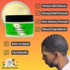 Black Lavish Essentials Sport Mode Pomade texture on hair highlights easy application and definition.