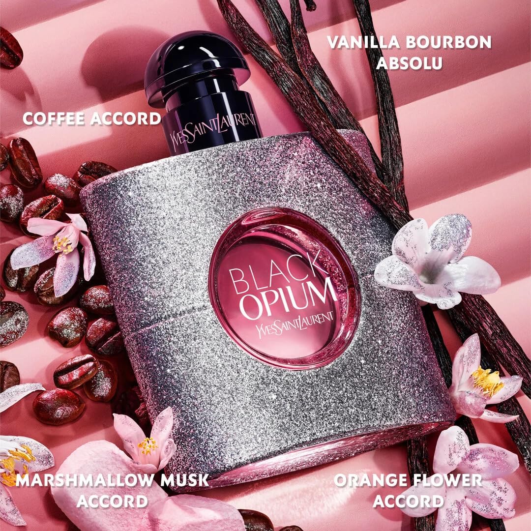 YSL Black Opium Glitter coffee note close-up suggests warm gourmand vibes.