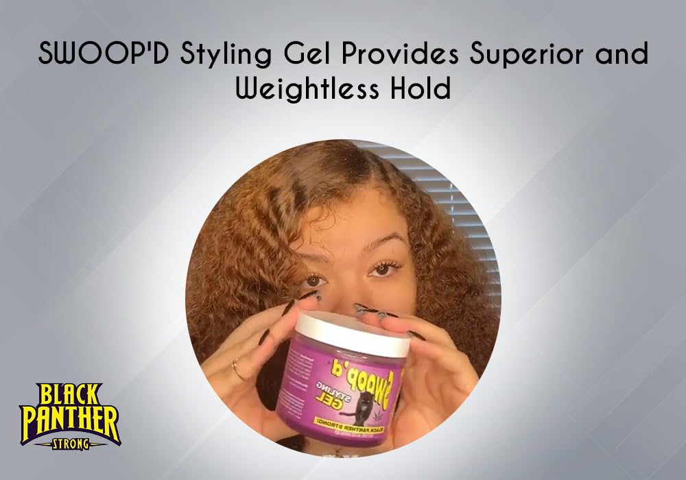 Black Panther Strong Swoop'd Styling Gel with hemp oil adds moisture while shaping your hair.