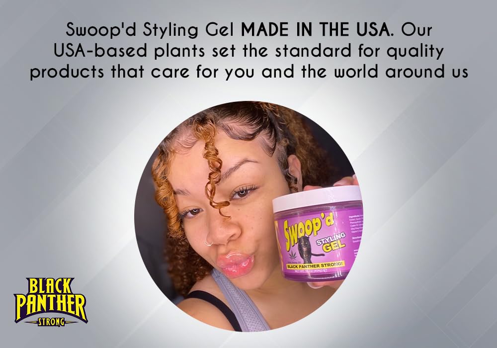 Black Panther Strong Swoop'd Styling Gel delivers long-lasting hold with a non-greasy finish.