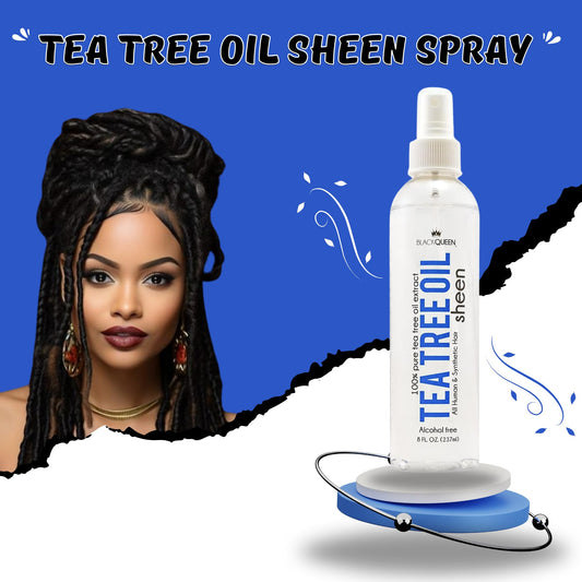 Black Queen Tea Tree Oil Sheen Spray refreshing locs and frizz control.