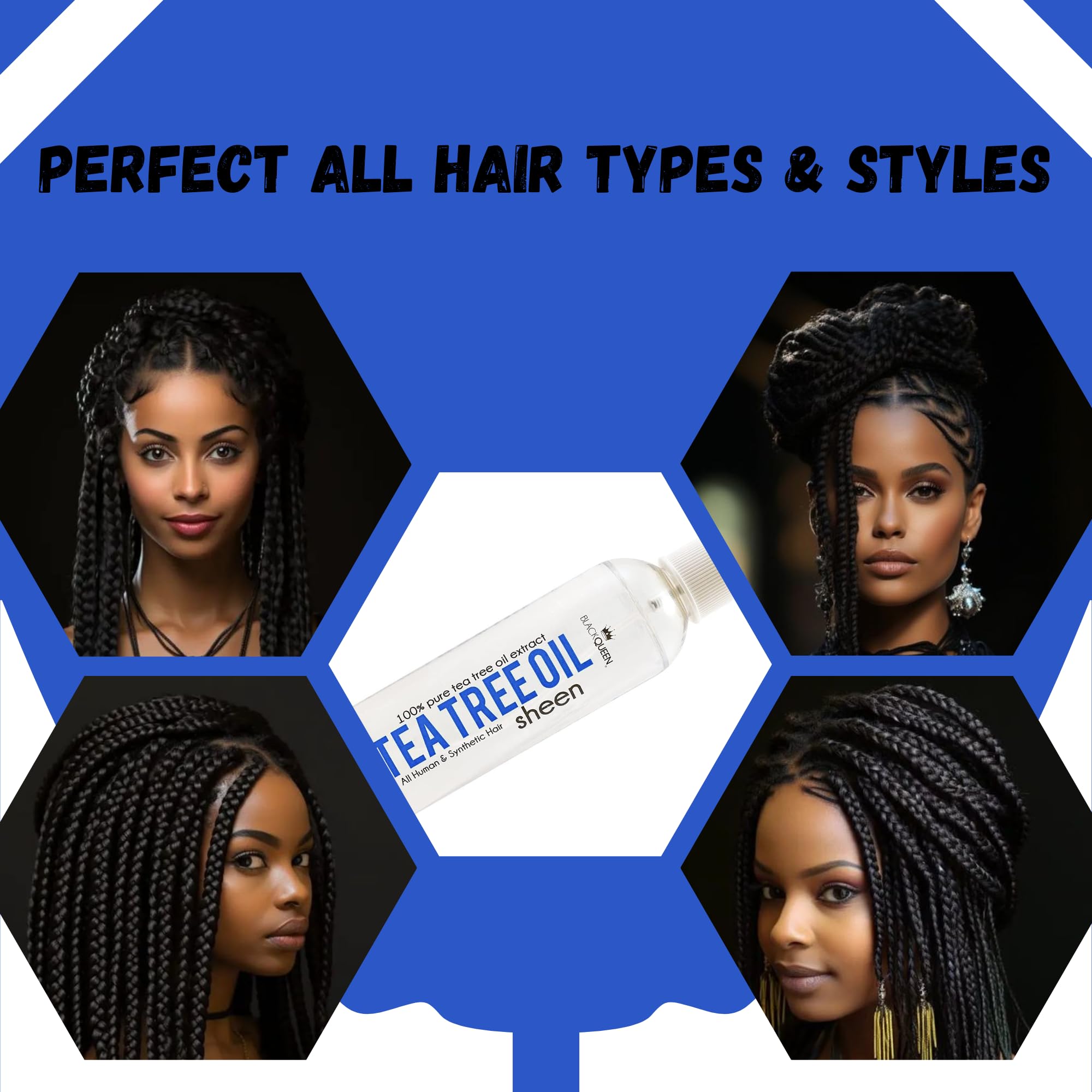 Black Queen Tea Tree Sheen Spray for easy scalp refresh between washes.