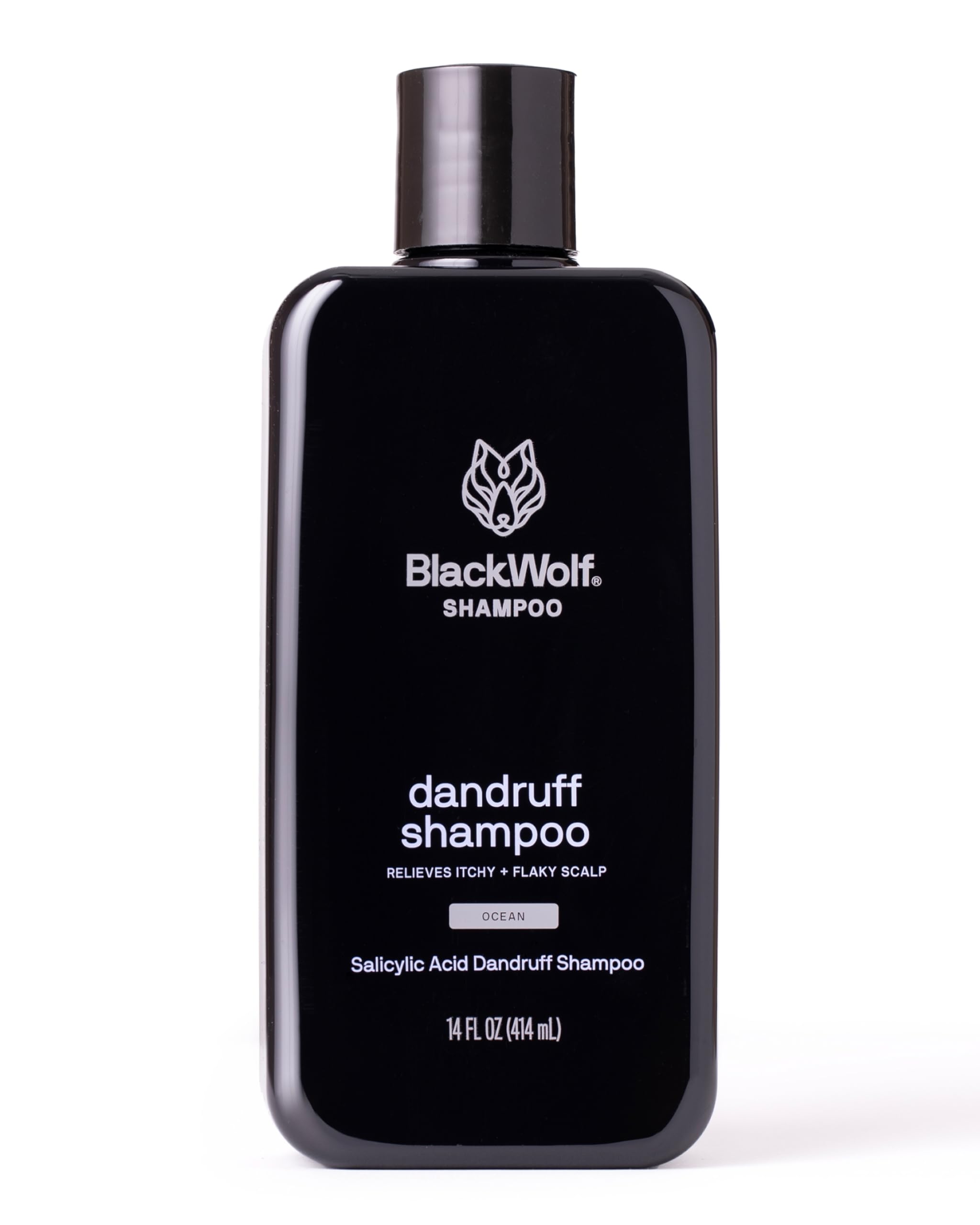 Black Wolf anti-dandruff shampoo bottle showing dandruff control potential and clean scalp care.