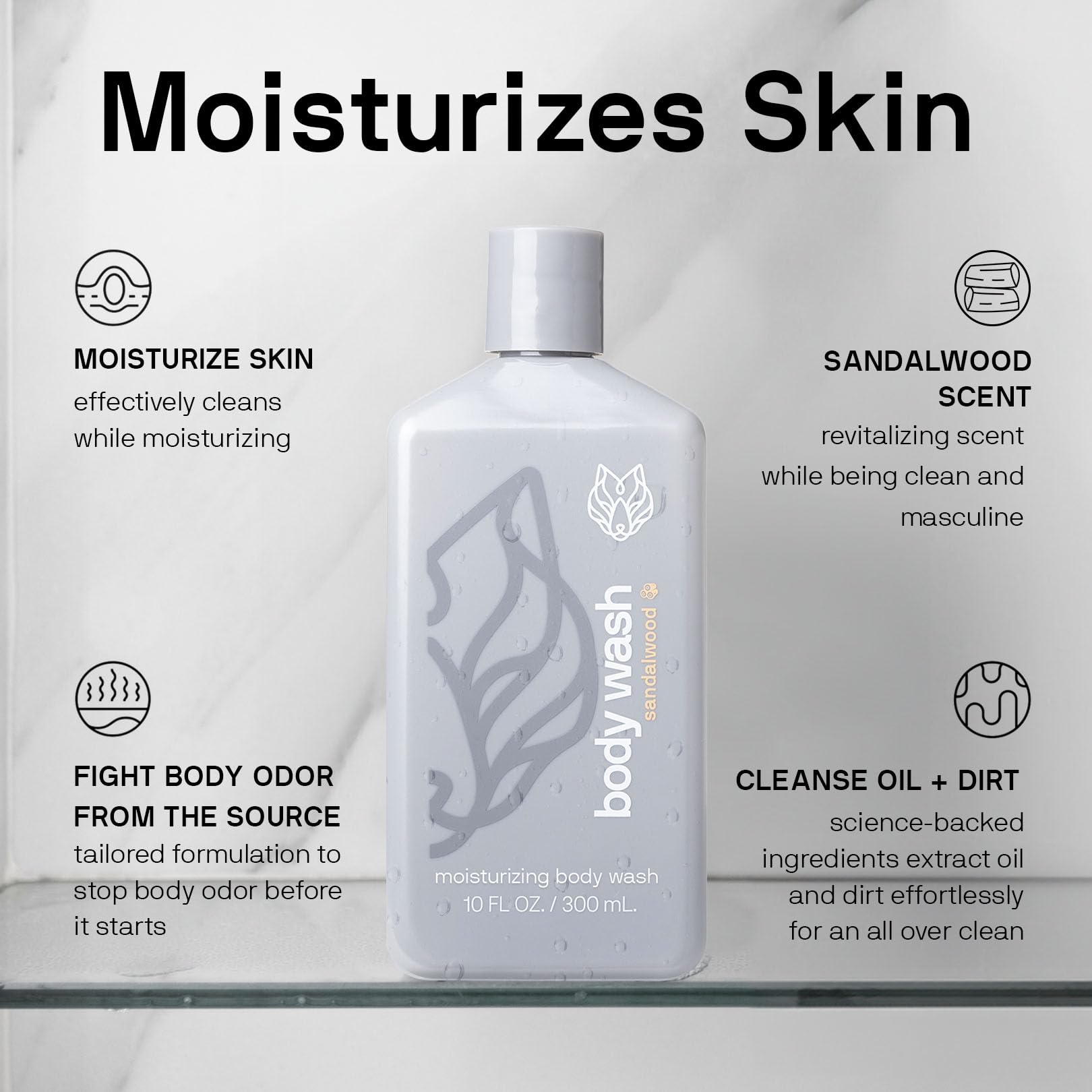 Black Wolf body wash with jojoba oil provides non-greasy, lasting moisture.