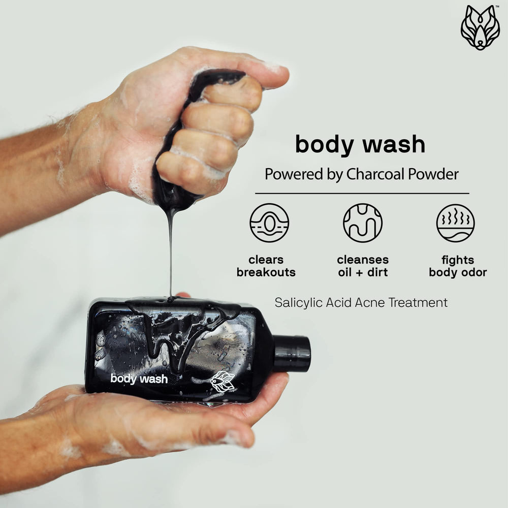 Black Wolf Charcoal Body Wash in shower with smooth lather