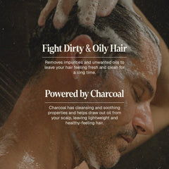 Black Wolf charcoal-infused shampoo on wet hair for a deep clean