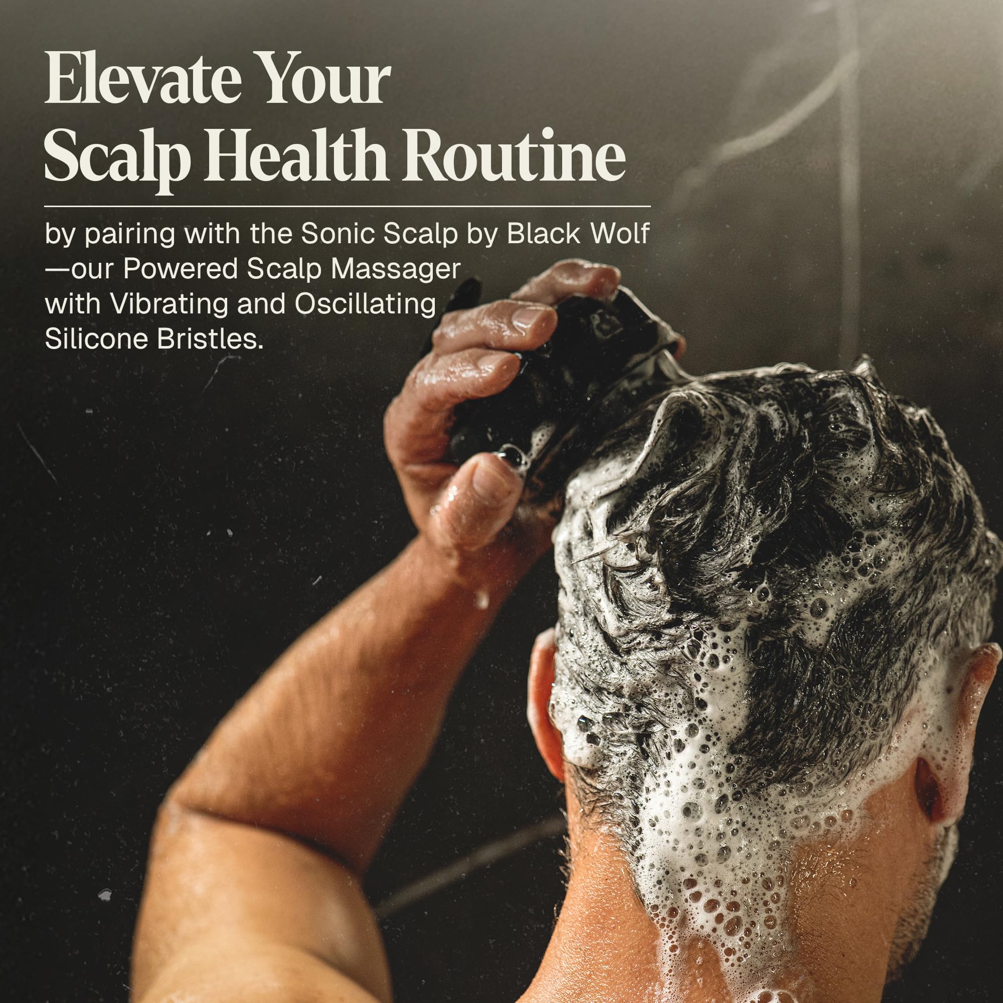 Black Wolf conditioner in shower scene hints convenient daily routine