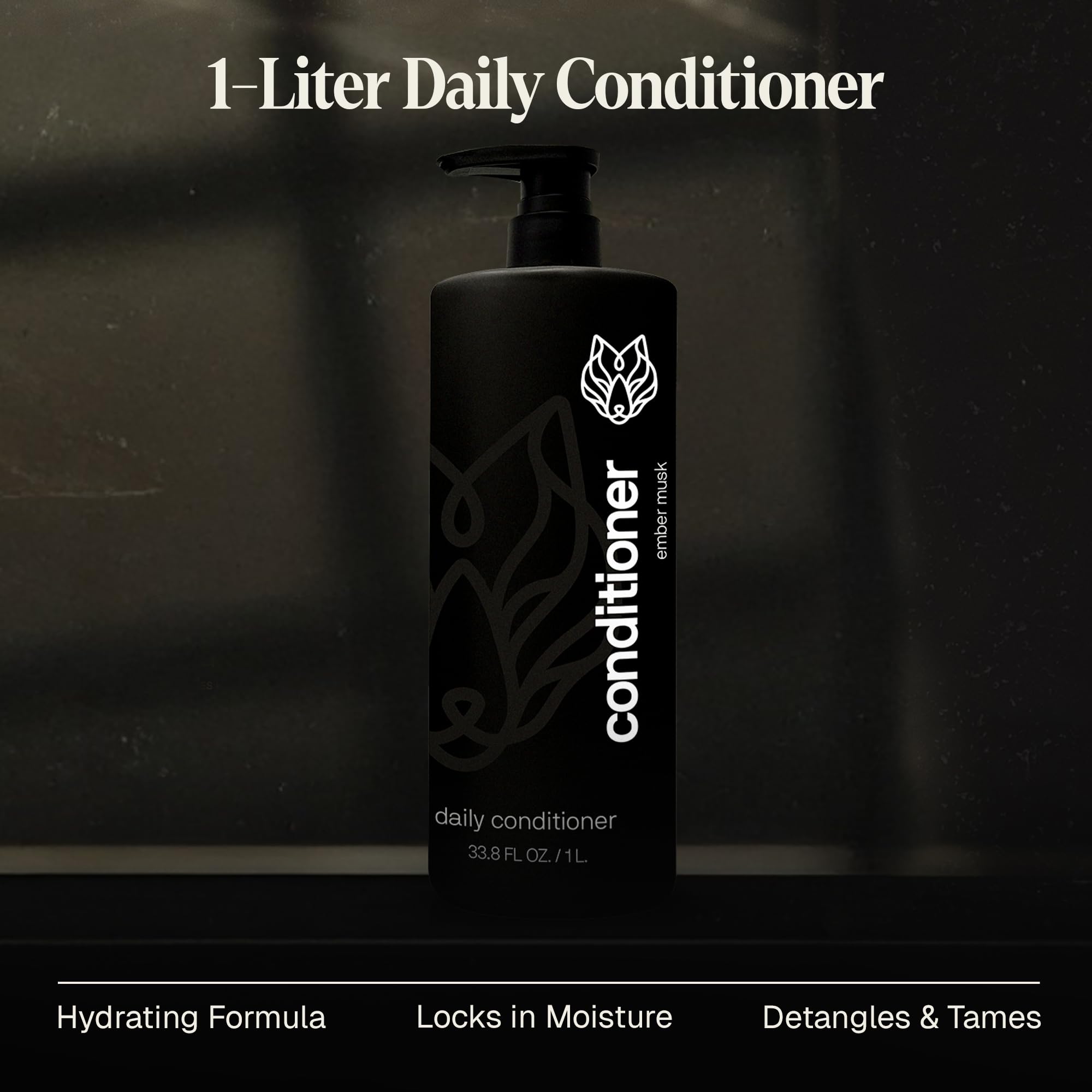 Black Wolf conditioner label closeup reveals bourbon and tobacco fragrance