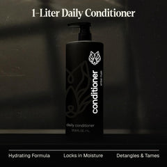 Black Wolf conditioner label closeup reveals bourbon and tobacco fragrance