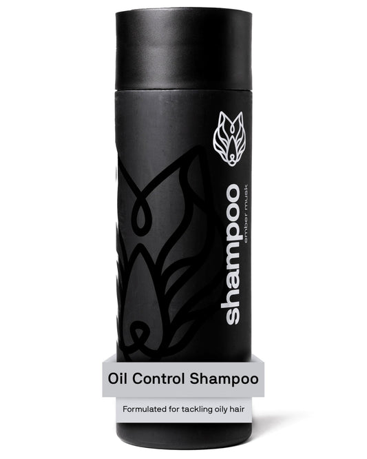 Black Wolf shampoo bottle close-up showing oil control formula