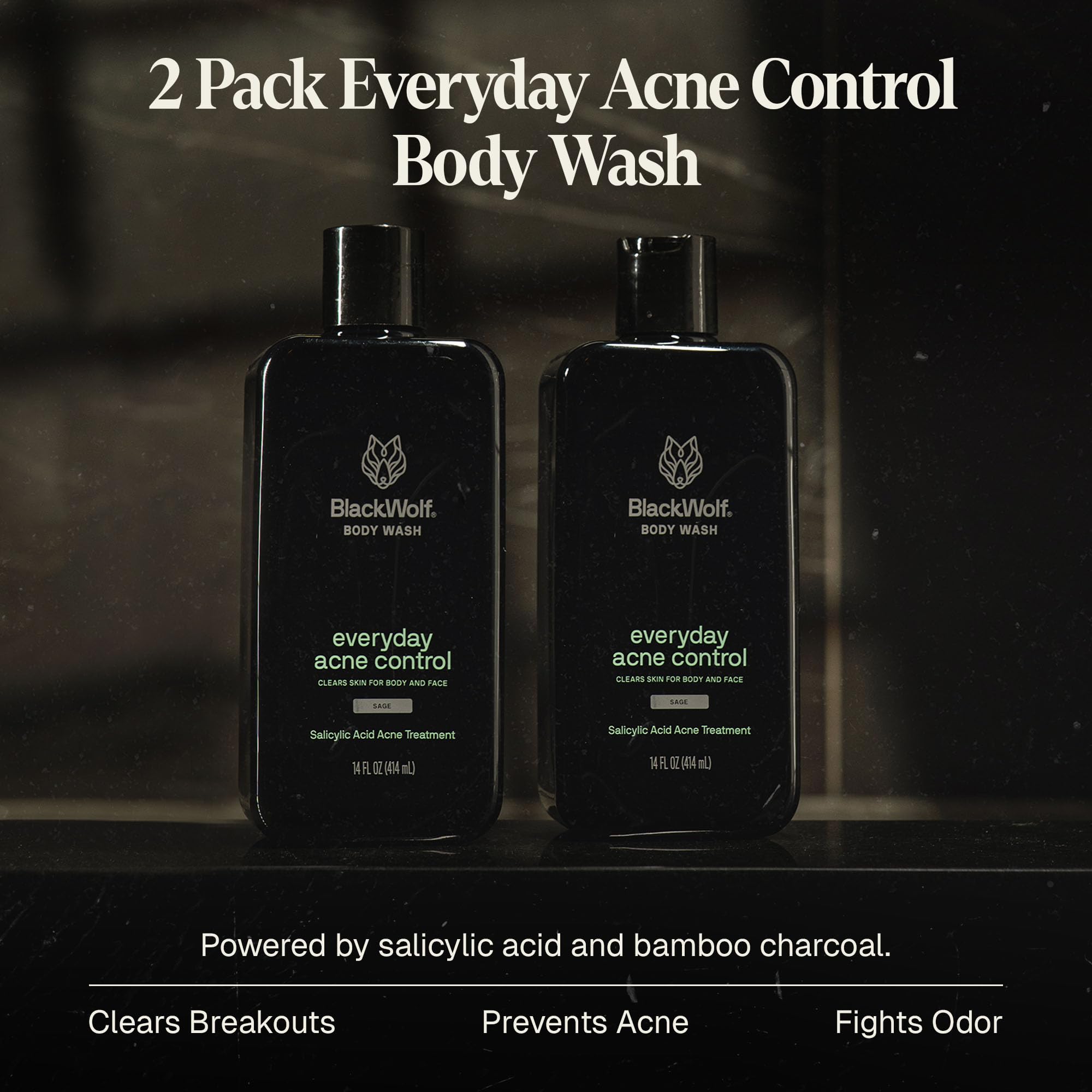 Back view of Black Wolf body wash bottle showing ingredients and usage notes
