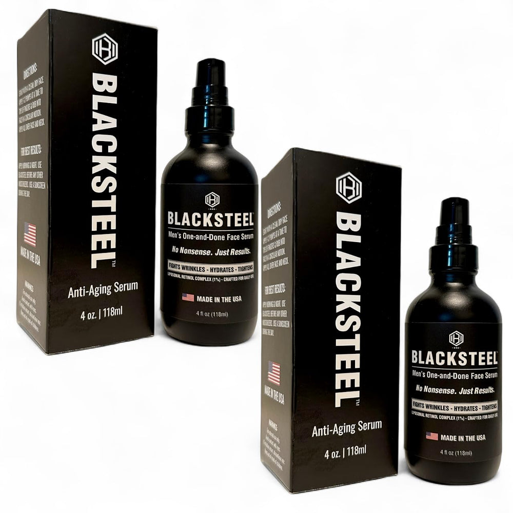 BLACKSTEEL Men’s Anti-Aging Serum bottle close-up for smoother skin