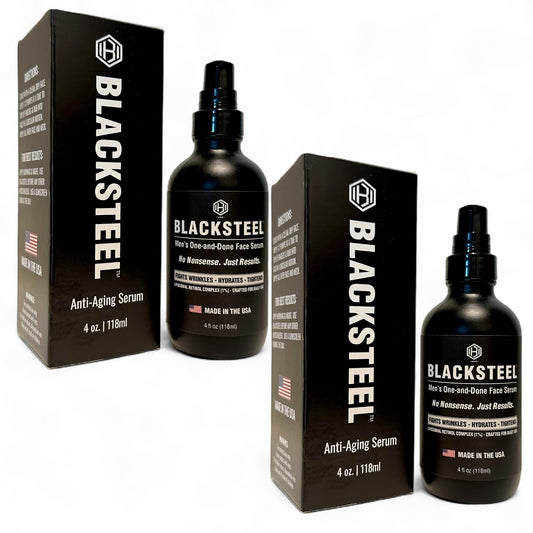 BLACKSTEEL Men’s Anti-Aging Serum bottle close-up for smoother skin