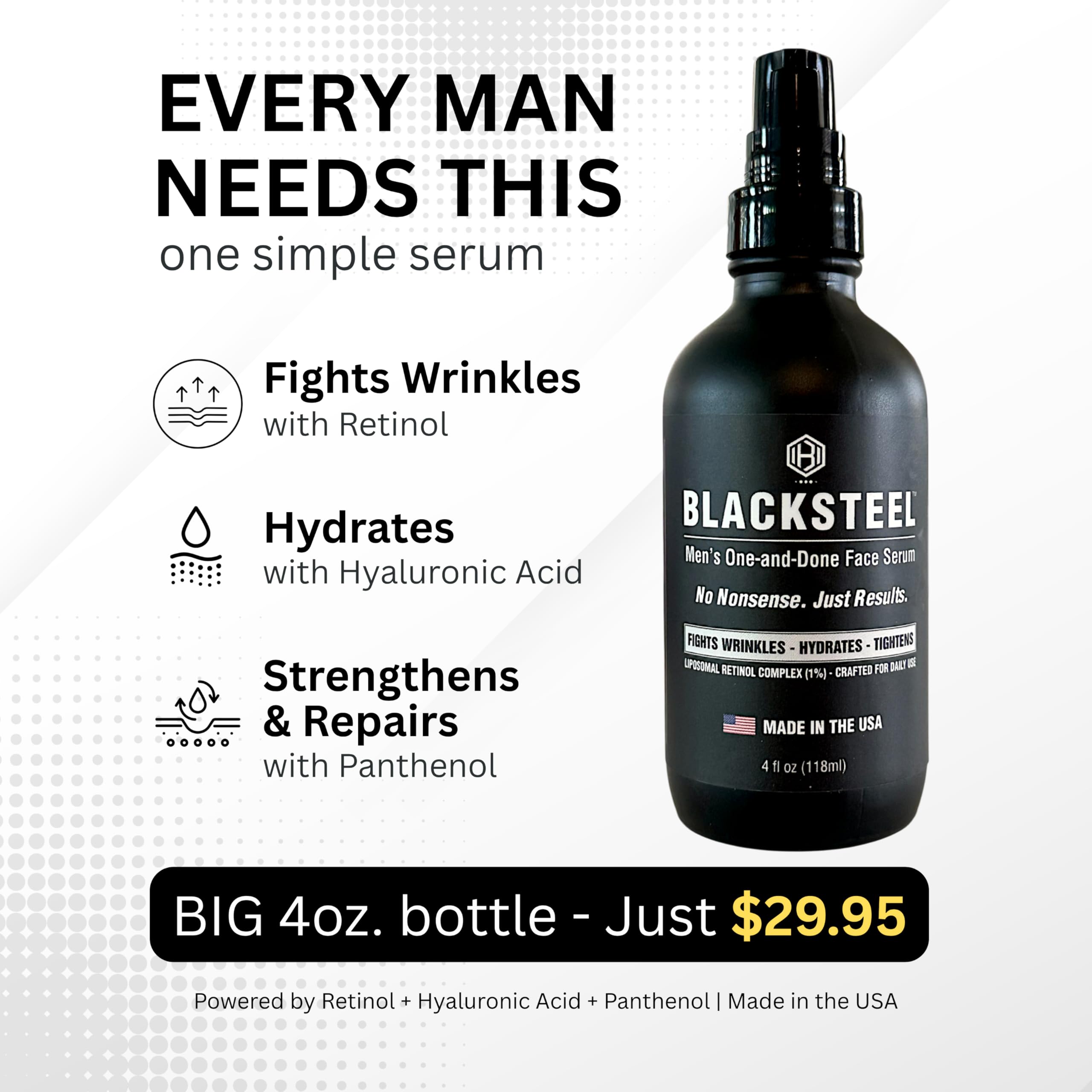 BLACKSTEEL application glide on skin suggests quick, non-greasy absorption.