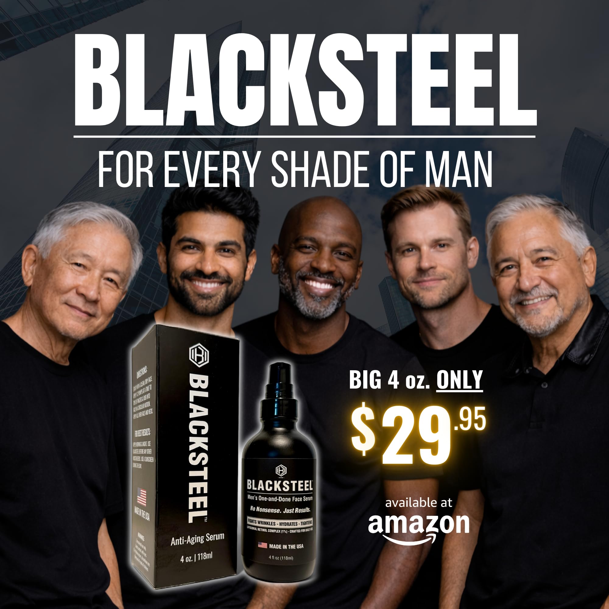 BLACKSTEEL ingredients panel highlights Panthenol and Green Tea for soothing care.