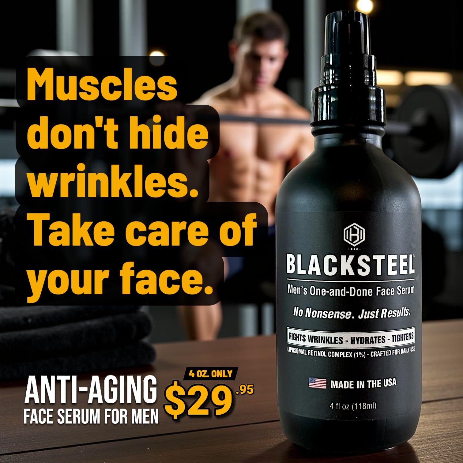 BLACKSTEEL matte black packaging emphasizes performance-focused skincare.