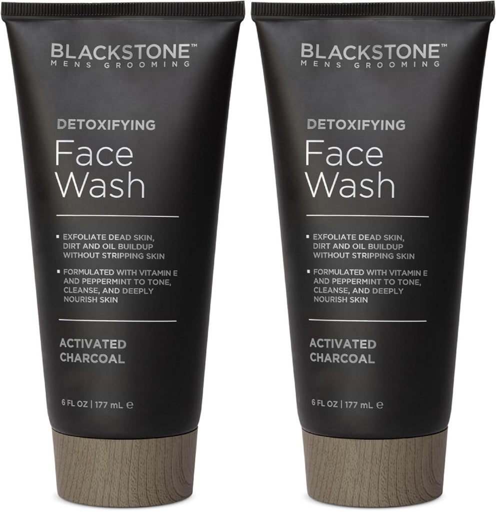 Blackstone Detoxifying Face Wash bottle pouring activated charcoal for a deep cleanse.