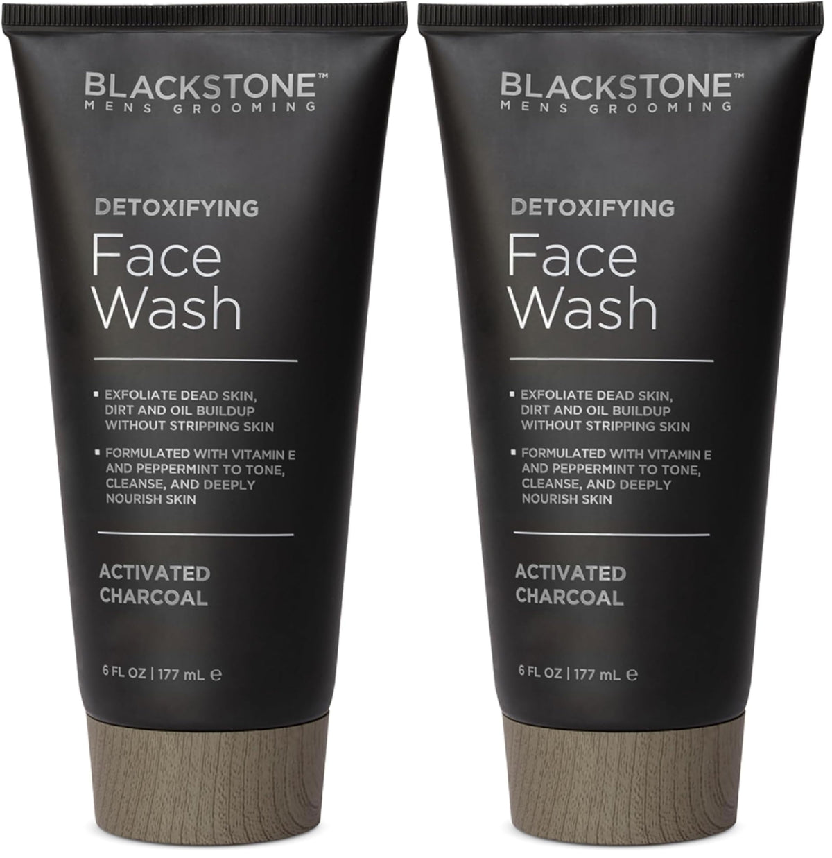 Blackstone Detoxifying Face Wash bottle pouring activated charcoal for a deep cleanse.