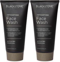 Blackstone Detoxifying Face Wash bottle pouring activated charcoal for a deep cleanse.