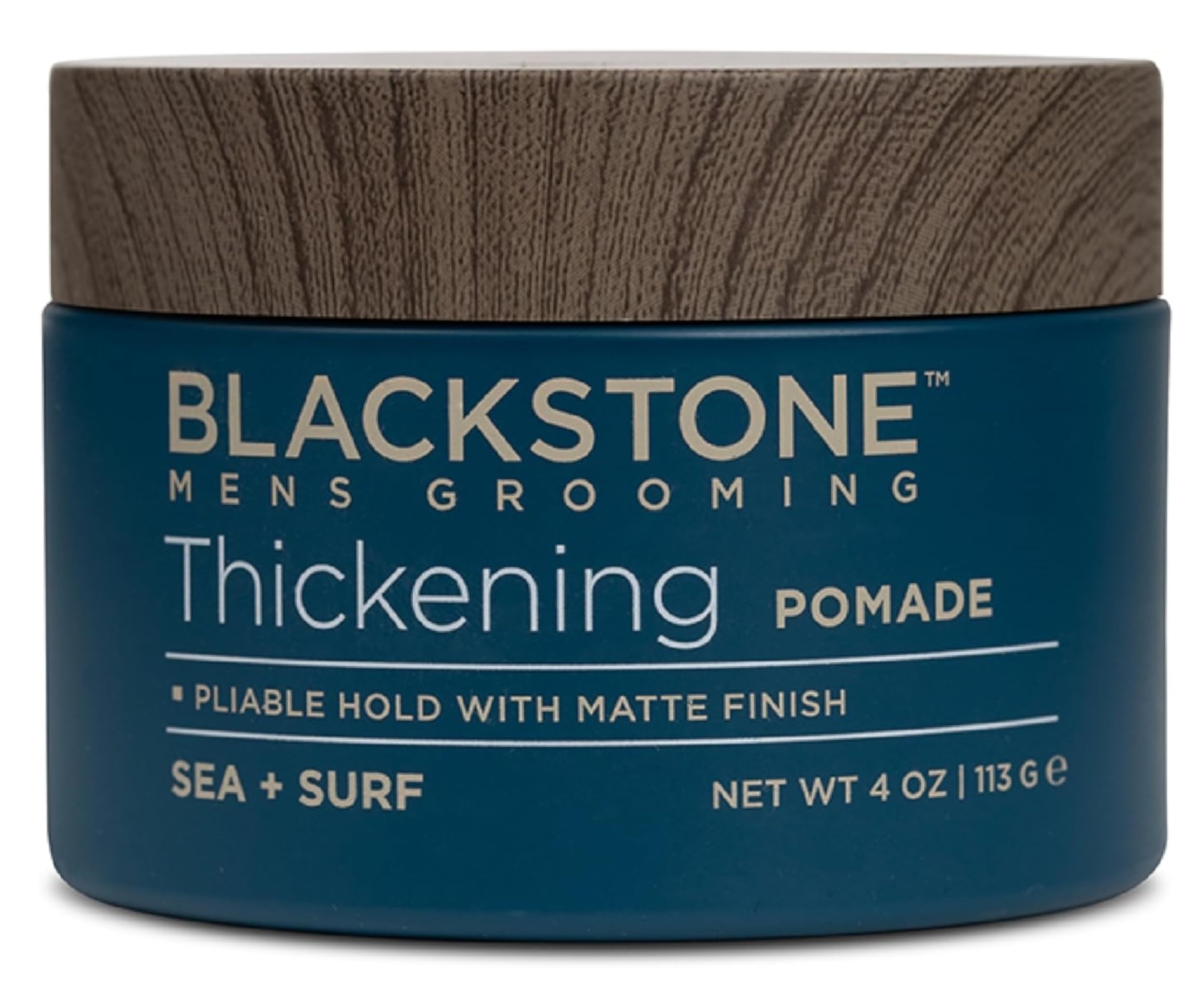 Blackstone thickening pomade bottle shows fuller-looking textured style.