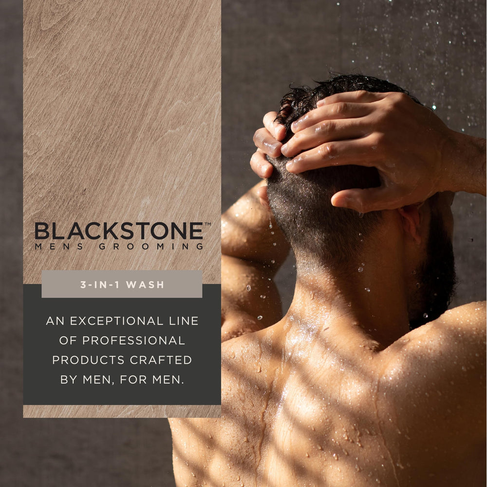 Hands using Blackstone Mens Grooming 3-in-1 wash for a quick daily cleanse.