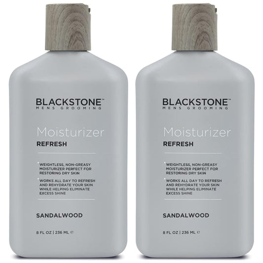 Blackstone Refresh Facial Moisturizer bottle shows a weightless, non-greasy finish.