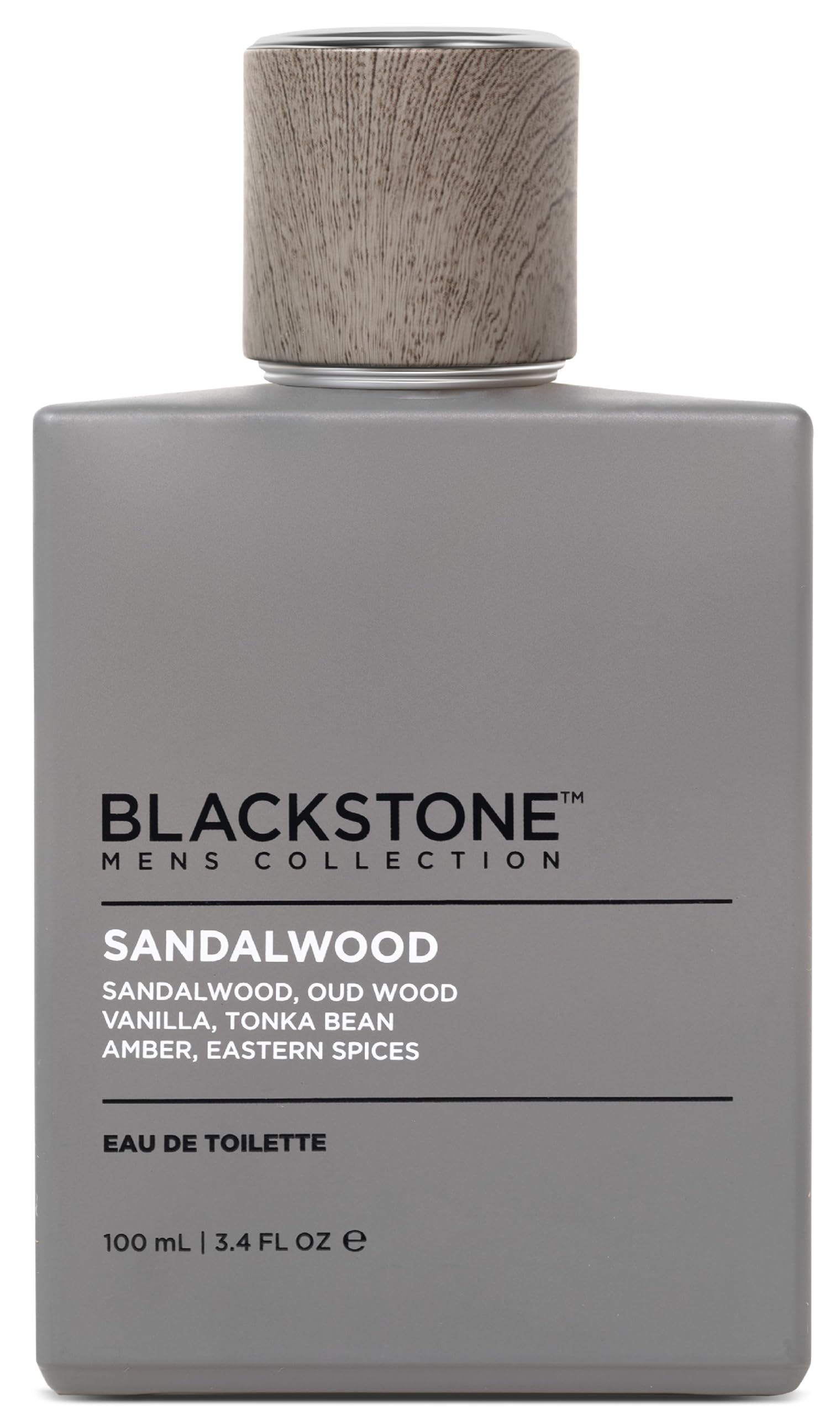 Blackstone Sandalwood Oud Amber bottle front view, ideal everyday wear