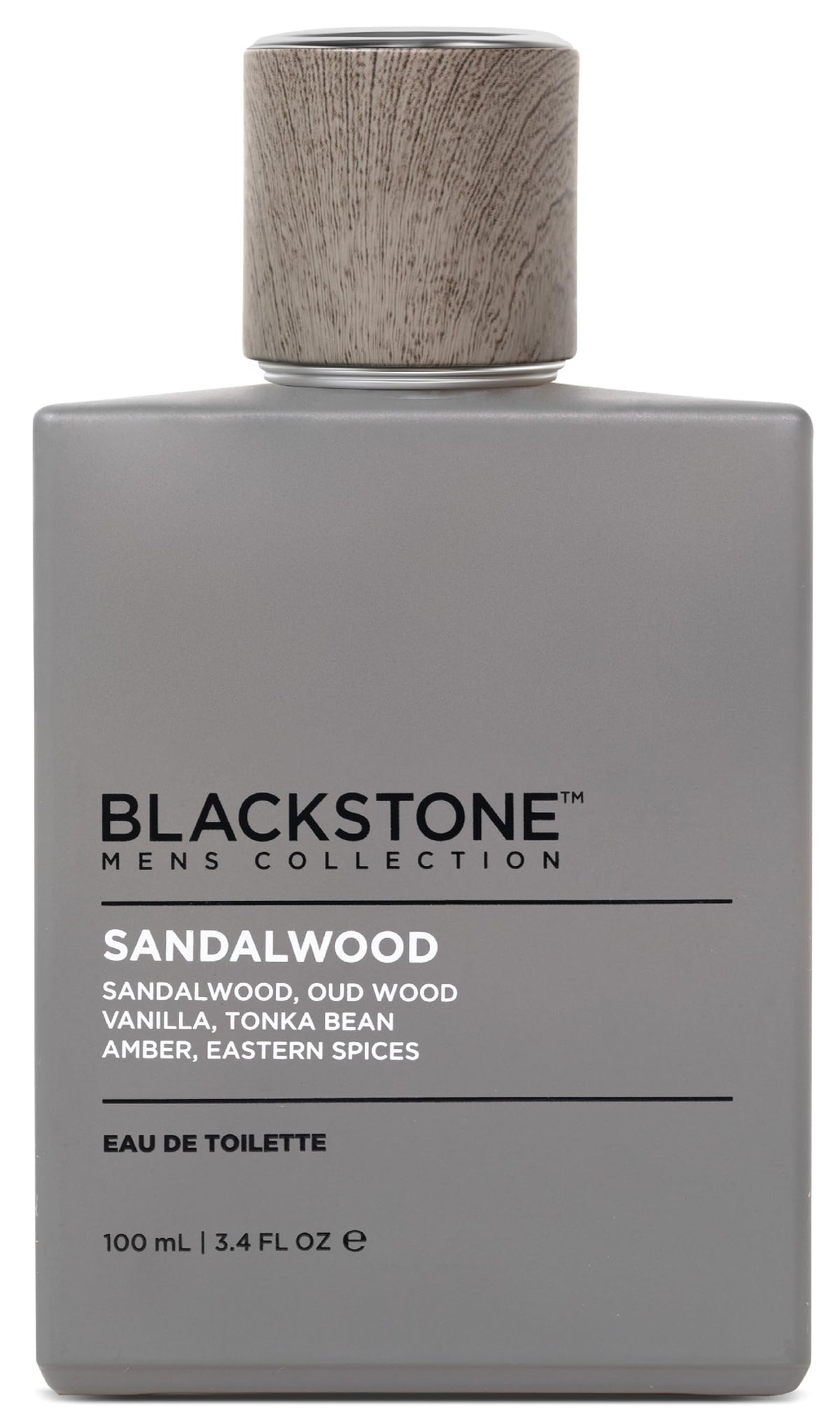 Blackstone Sandalwood Oud Amber bottle front view, ideal everyday wear
