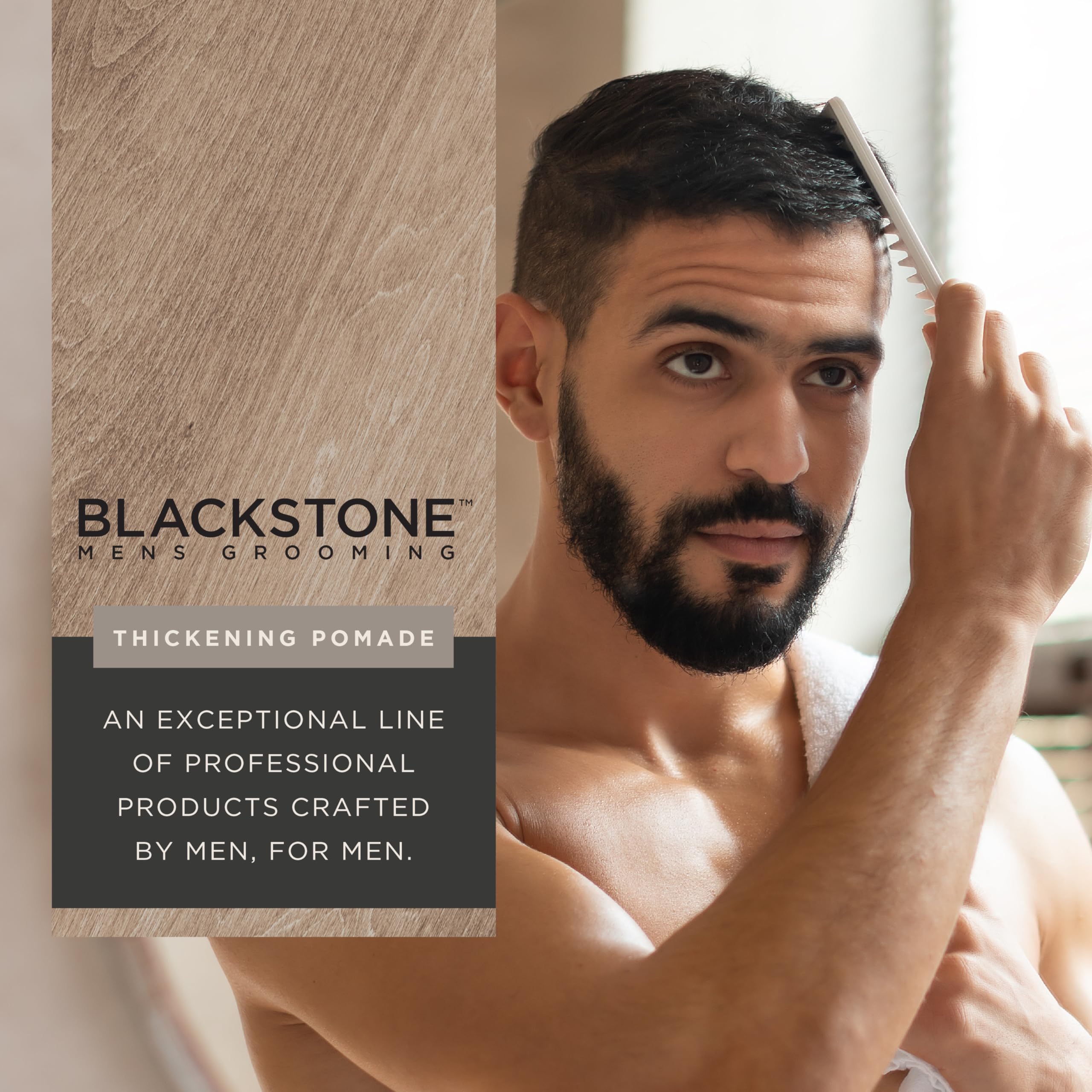 Blackstone Pomade texture demonstration highlighting flexible hold and natural look.