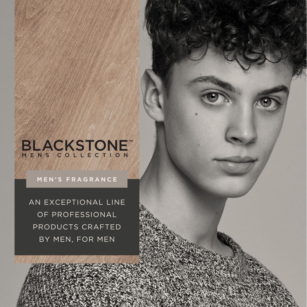 Close-up of Blackstone Santal and Cedar bottle highlighting leather and spice accents.