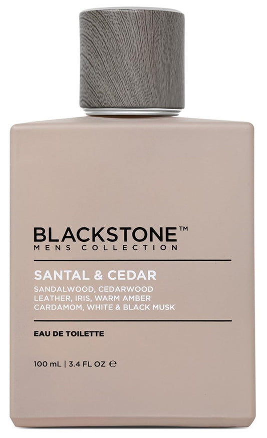 Blackstone Santal and Cedar bottle on shelf, a refined woody fragrance for everyday wear.