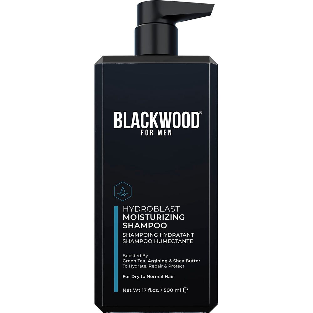 Blackwood For Men Hydroblast bottle showing vegan, sulfate-free cleansing for dry, curly hair
