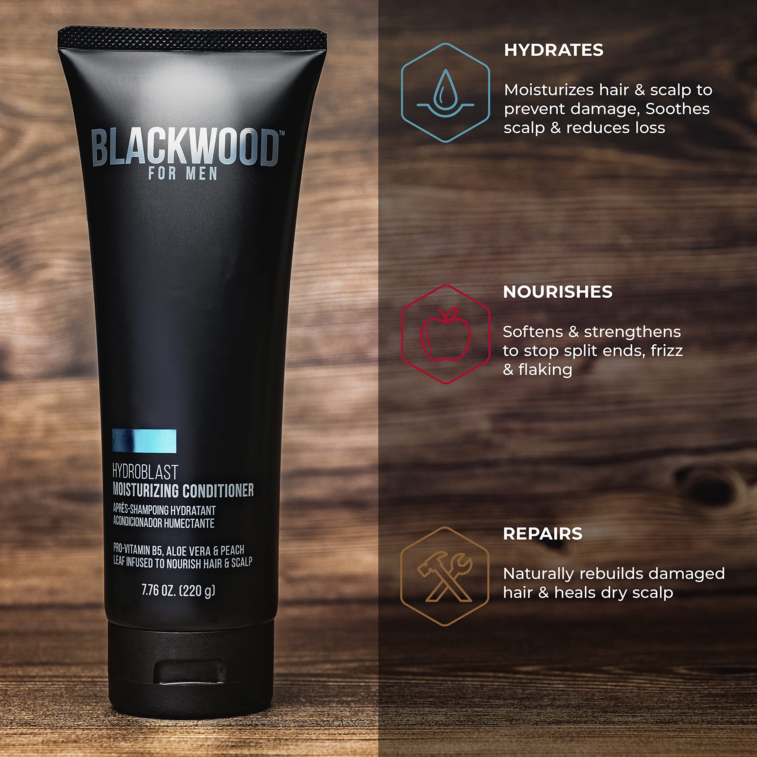 Peach leaf and Pro-Vitamin B5 ingredients highlighted on HydroBlast