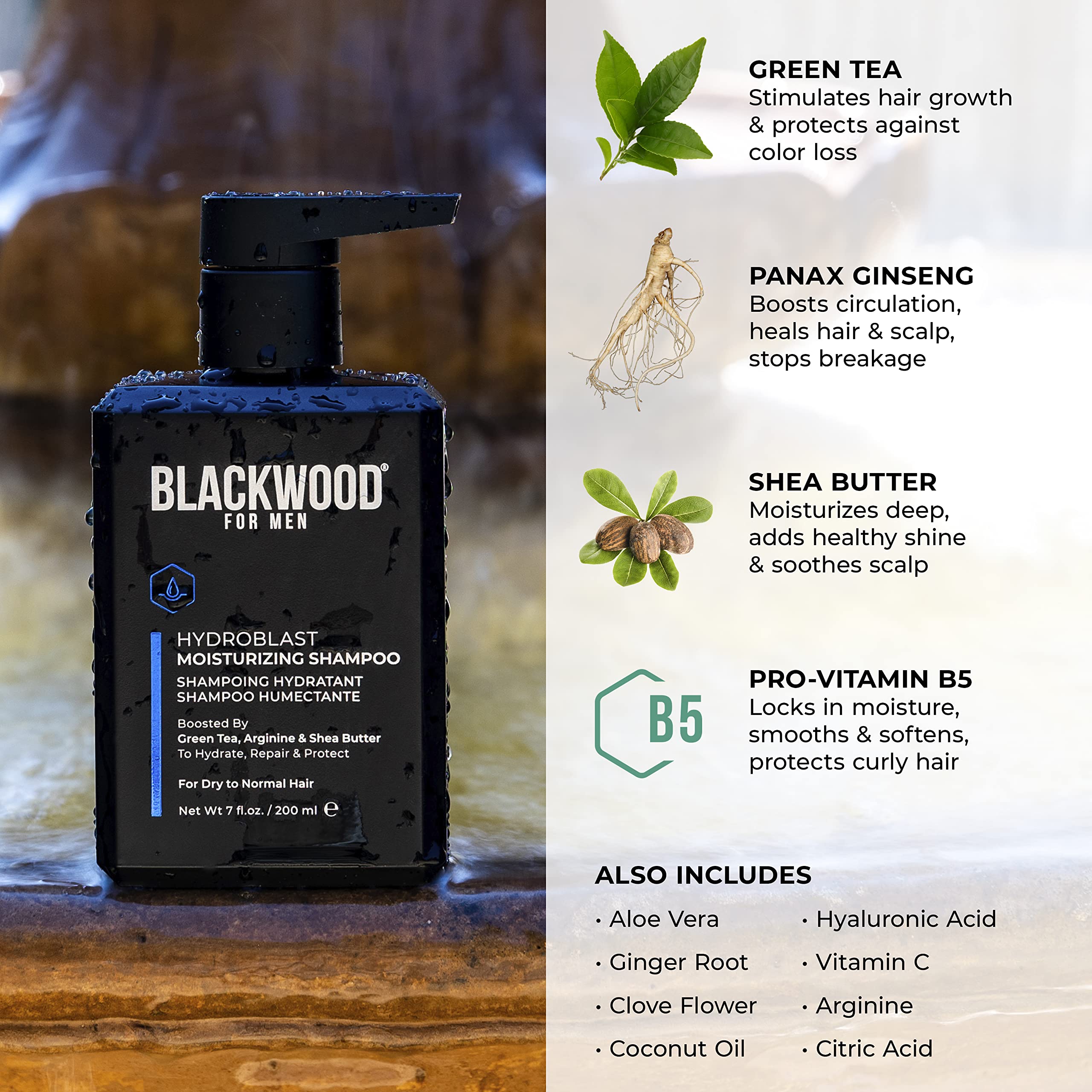 Blackwood For Men Hydroblast Shampoo green tea and clove balance oil.