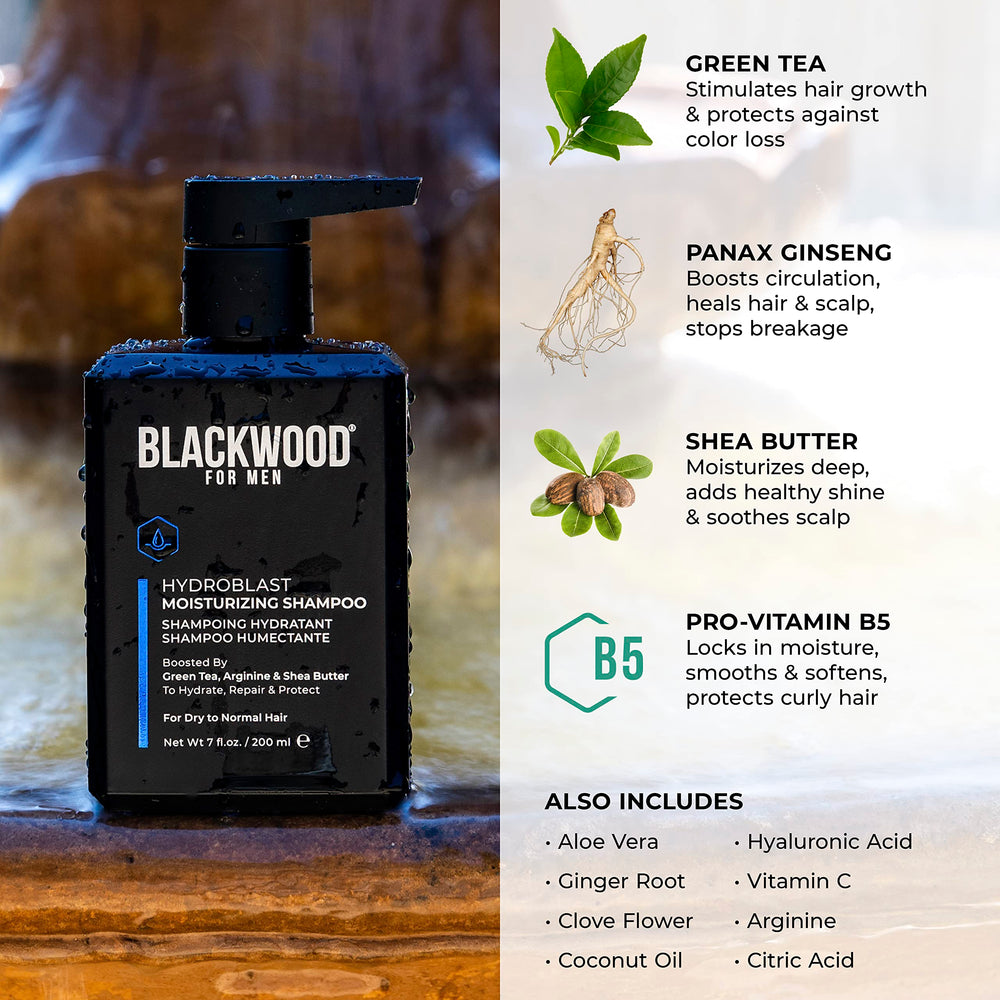 Blackwood For Men Hydroblast Shampoo green tea and clove balance oil.