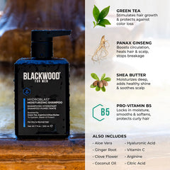Blackwood For Men Hydroblast Shampoo green tea and clove balance oil.