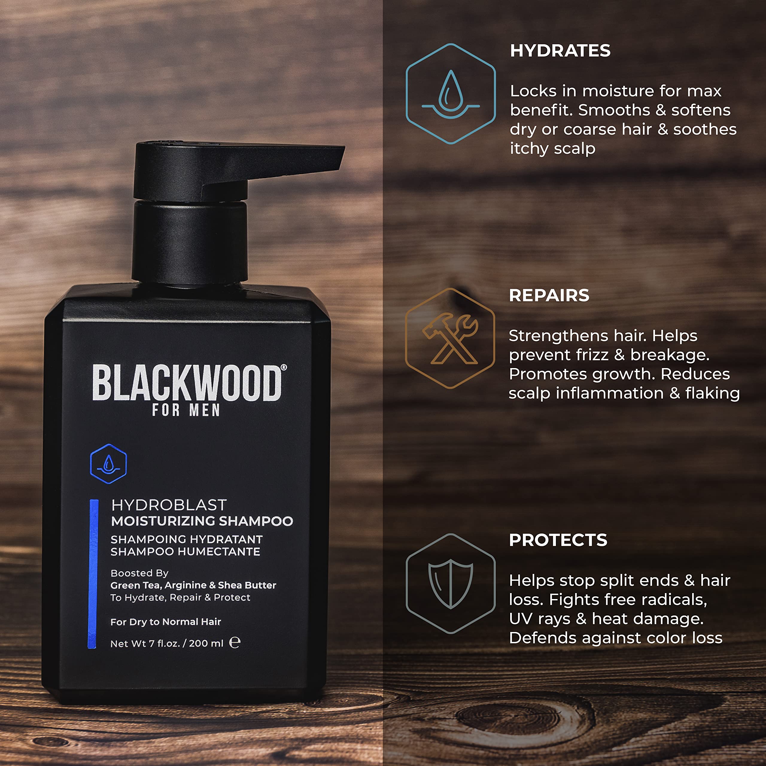 Blackwood For Men Hydroblast Shampoo travel-friendly 7 oz bottle for on-the-go care.