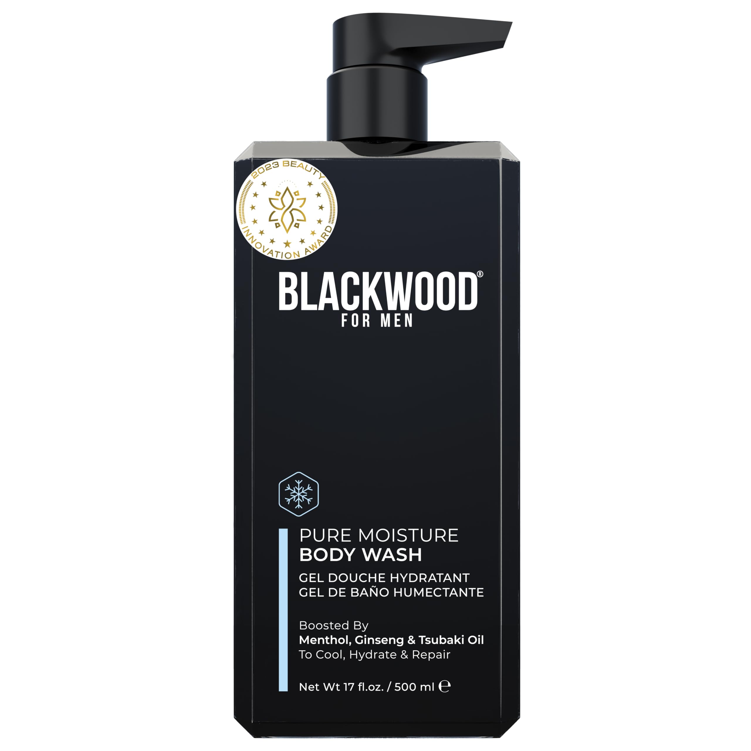 Blackwood For Men Pure Moisture Body Wash bottle close-up highlighting hydrating formula.