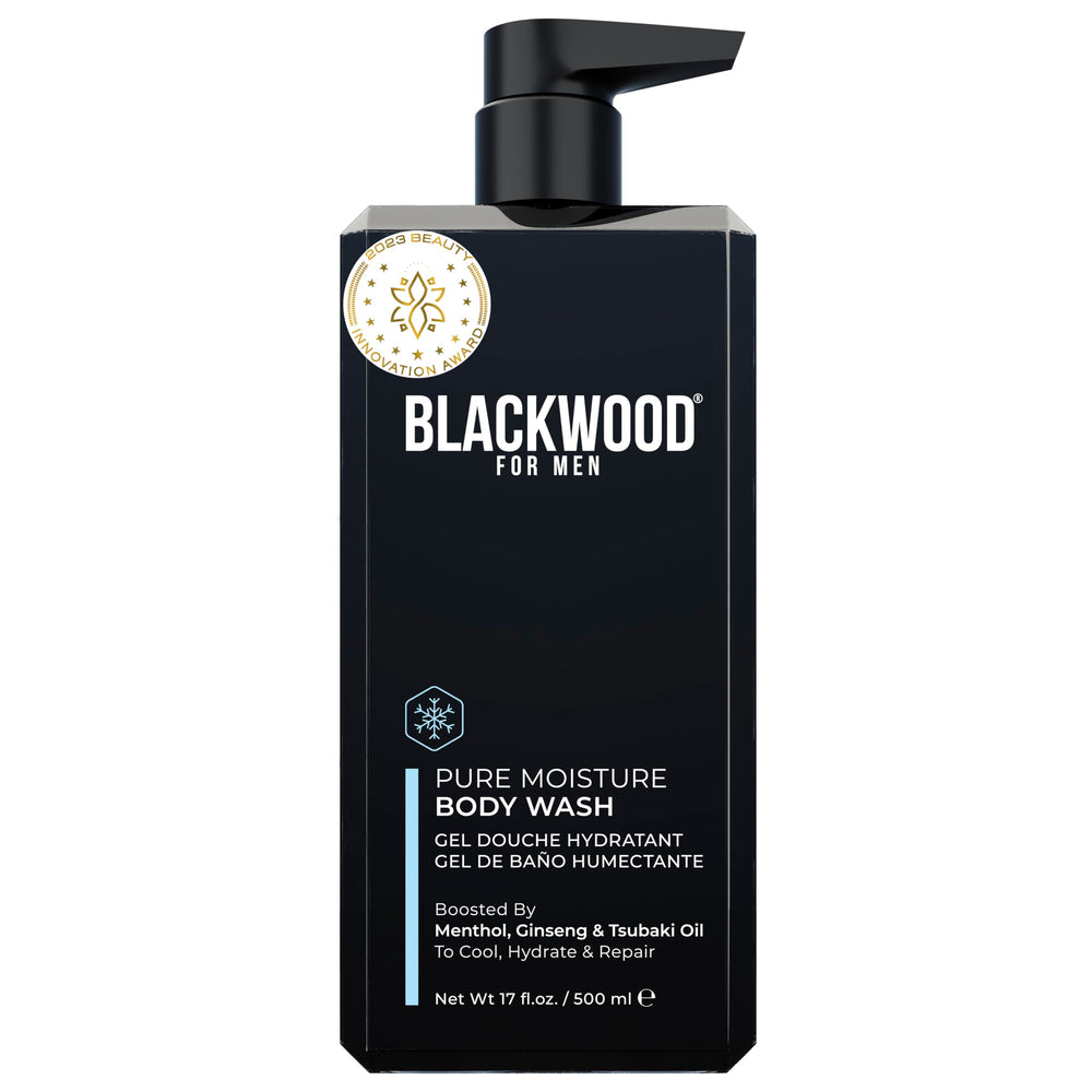 Blackwood For Men Pure Moisture Body Wash bottle close-up highlighting hydrating formula.