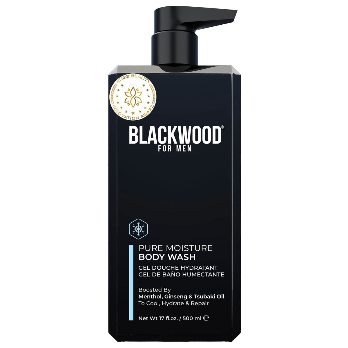 Blackwood For Men Pure Moisture Body Wash bottle close-up highlighting hydrating formula.
