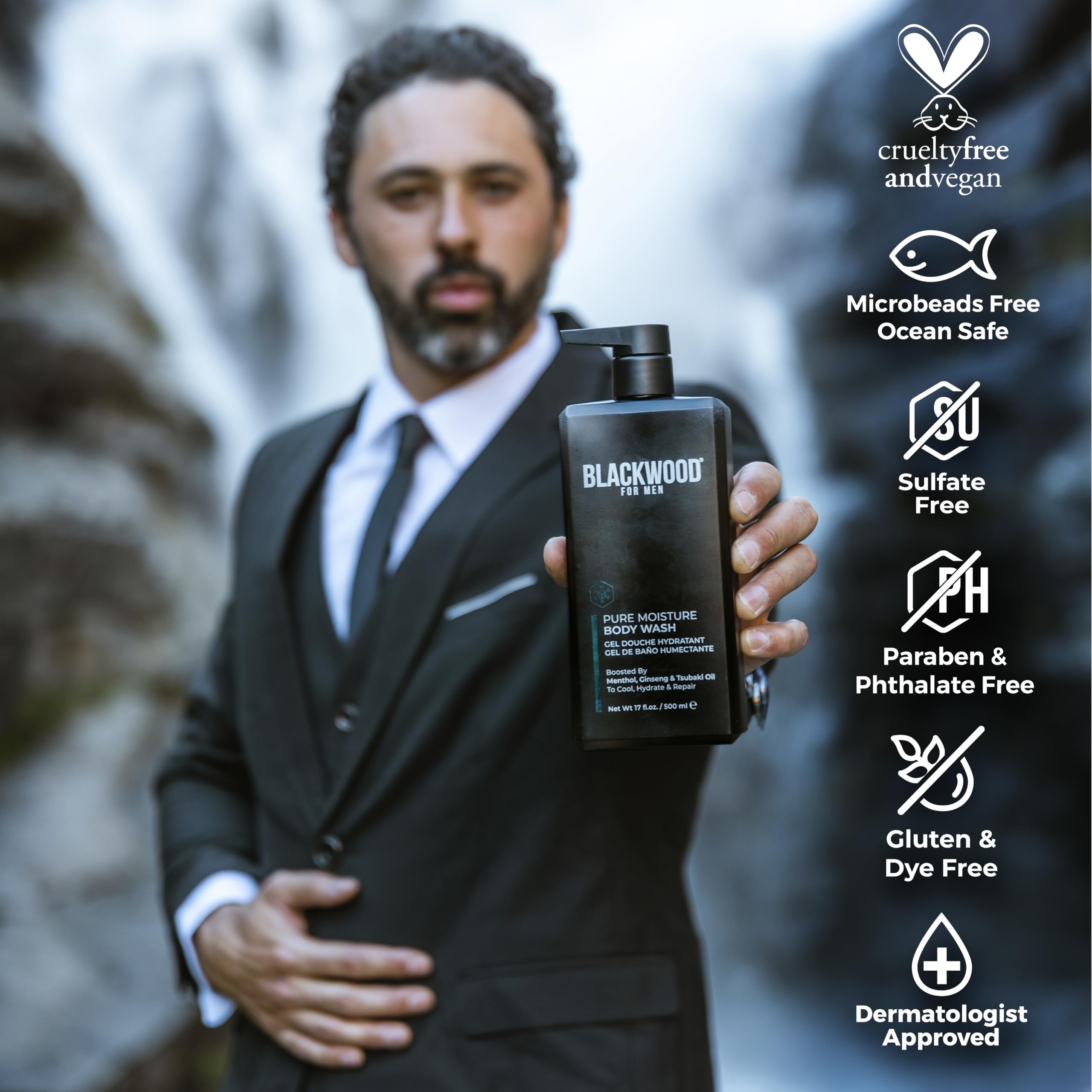 Blackwood For Men Pure Moisture Body Wash bottle label emphasizes ginseng hydration.