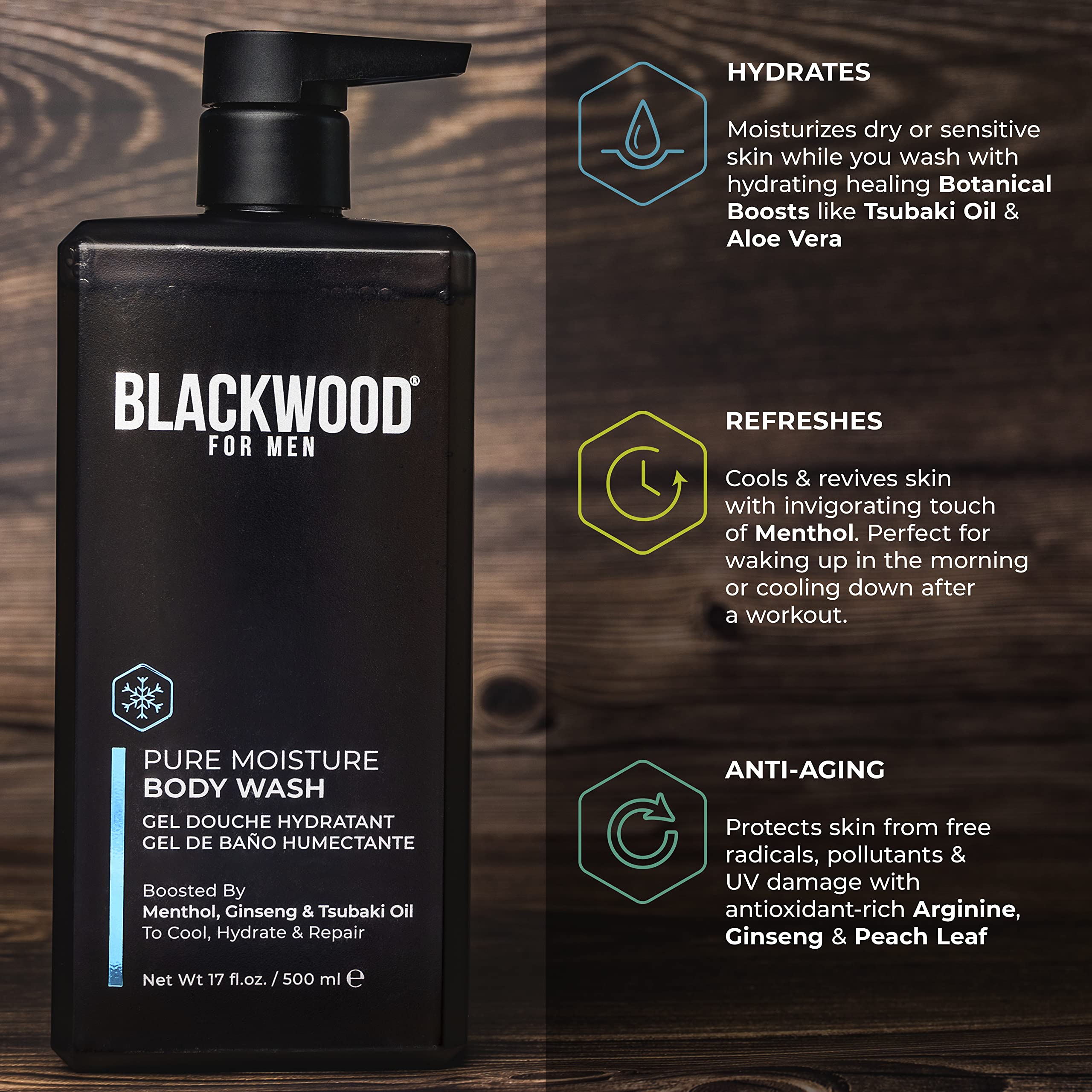 Blackwood For Men body wash on shower shelf with citrus mint aroma.