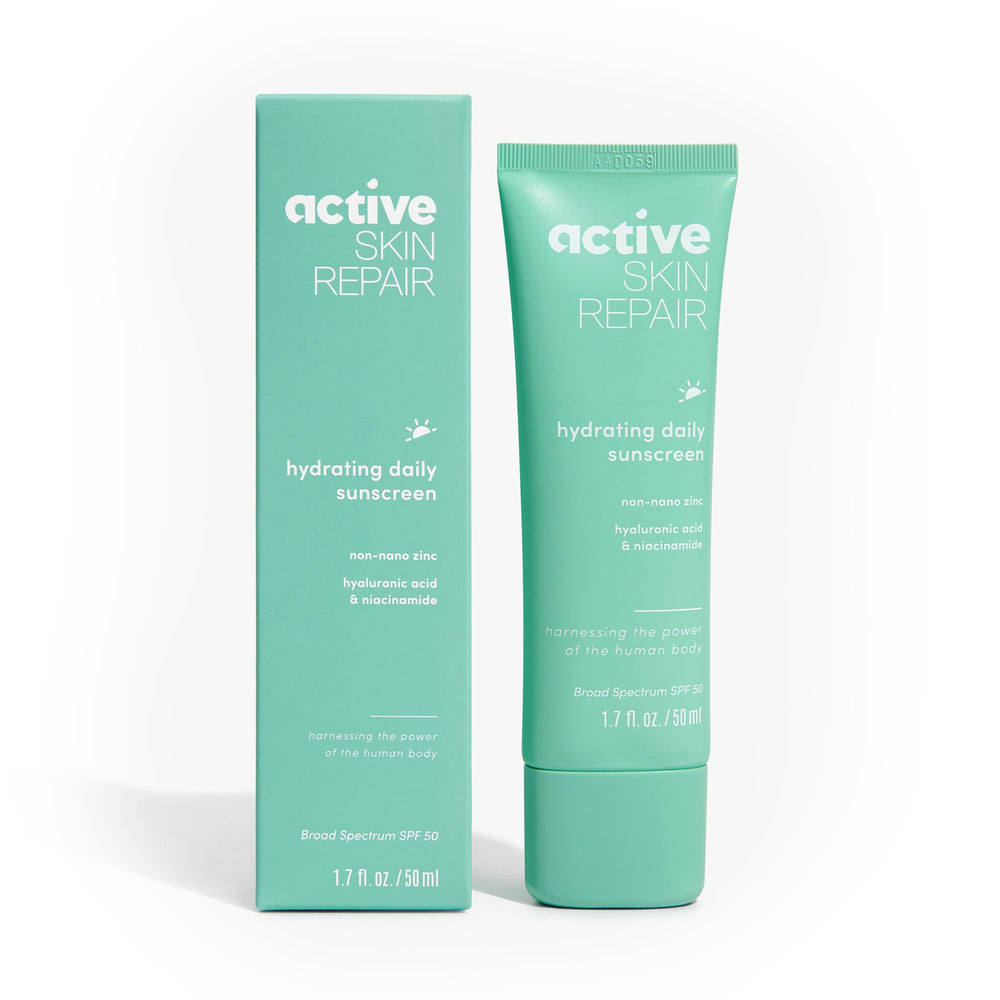 BLDG ACTIVE Active Skin Repair SPF 50 bottle shown for daily mineral protection.