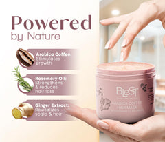 Close-up of BLEST mask ingredients (protein, collagen, vitamin B5) for strong conditioning.